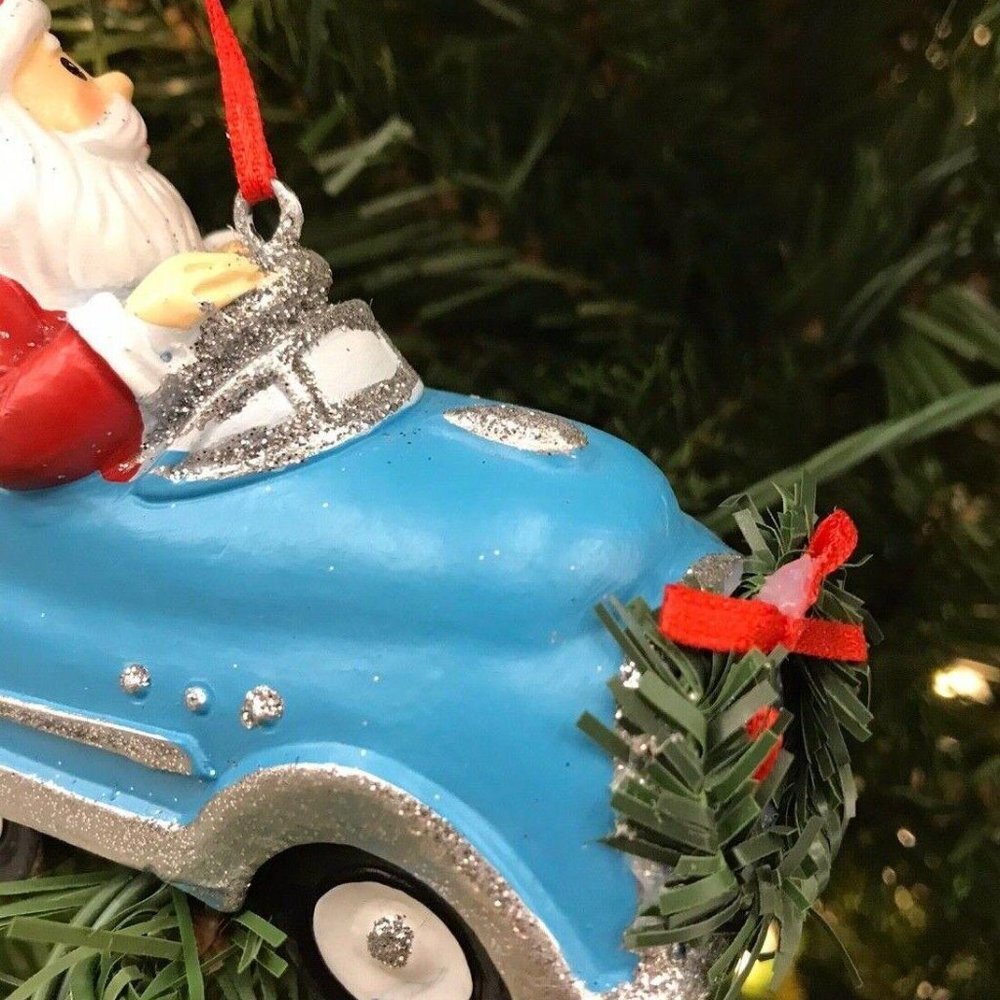 Santa Driving Blue & Silver Sports Car Christmas Tree Ornament Wreath Grill - Picture 2 of 9